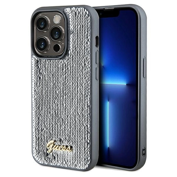 Etui Guess Sequin Script Metal na iPhone 14 Pro - srebrne