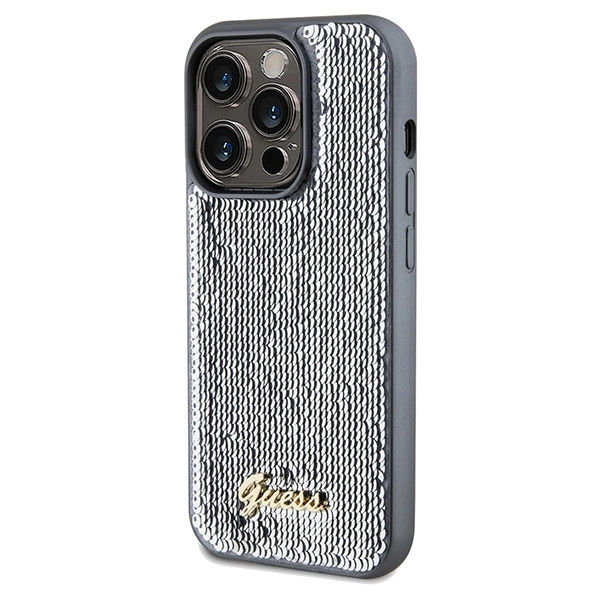 Etui Guess Sequin Script Metal na iPhone 14 Pro - srebrne