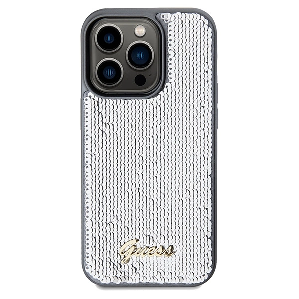 Etui Guess Sequin Script Metal na iPhone 14 Pro - srebrne