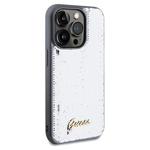 Etui Guess Sequin Script Metal na iPhone 14 Pro - srebrne