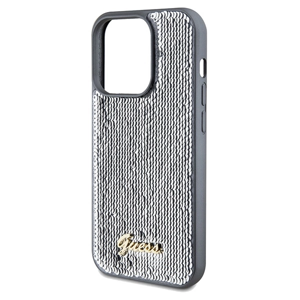 Etui Guess Sequin Script Metal na iPhone 14 Pro - srebrne
