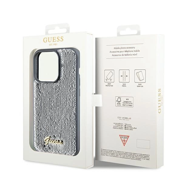 Etui Guess Sequin Script Metal na iPhone 14 Pro - srebrne