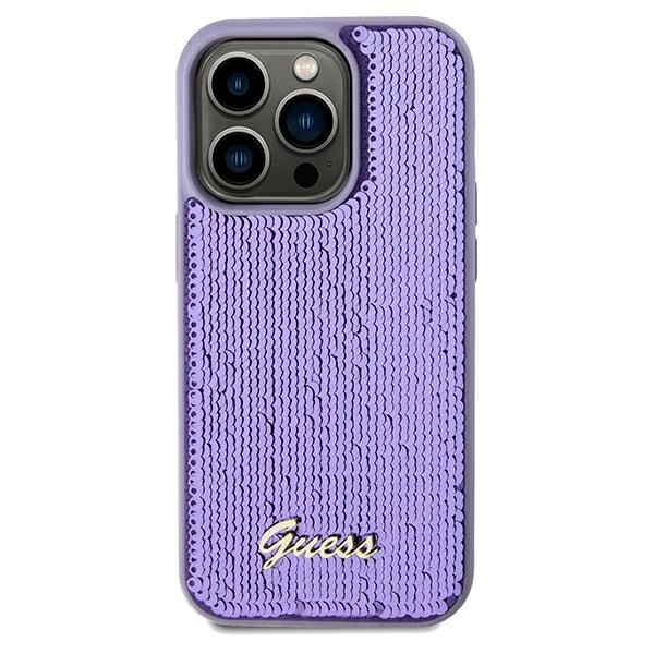 Etui Guess Sequin Script Metal na iPhone 14 Pro - fioletowe