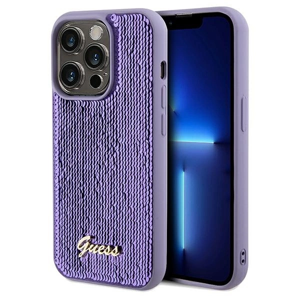 Etui Guess Sequin Script Metal na iPhone 14 Pro Max - fioletowe