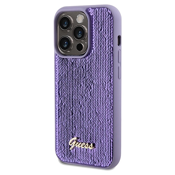 Etui Guess Sequin Script Metal na iPhone 14 Pro Max - fioletowe