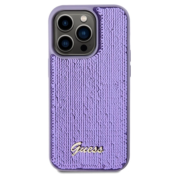 Etui Guess Sequin Script Metal na iPhone 14 Pro Max - fioletowe