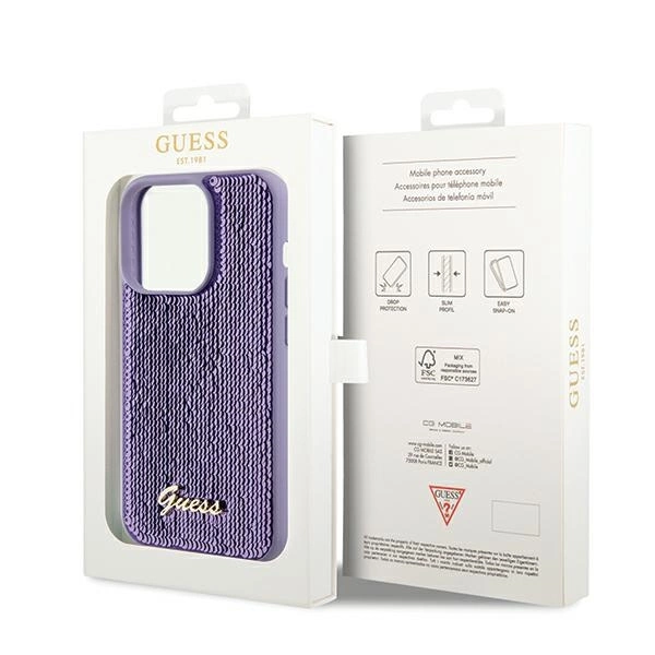 Etui Guess Sequin Script Metal na iPhone 14 Pro Max - fioletowe