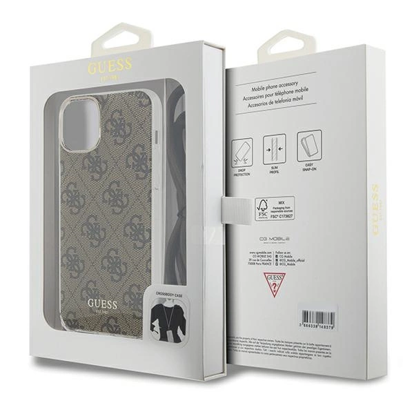 Etui Guess Crossbody Cord 4G Print na iPhone 15 / 14 / 13 - brązowe