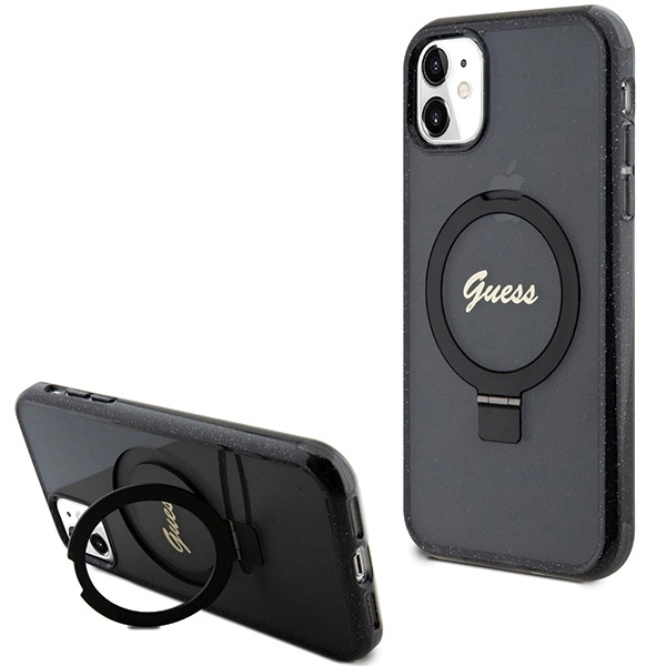Etui Guess Ring Stand Script Glitter MagSafe na iPhone 11 / Xr - czarne
