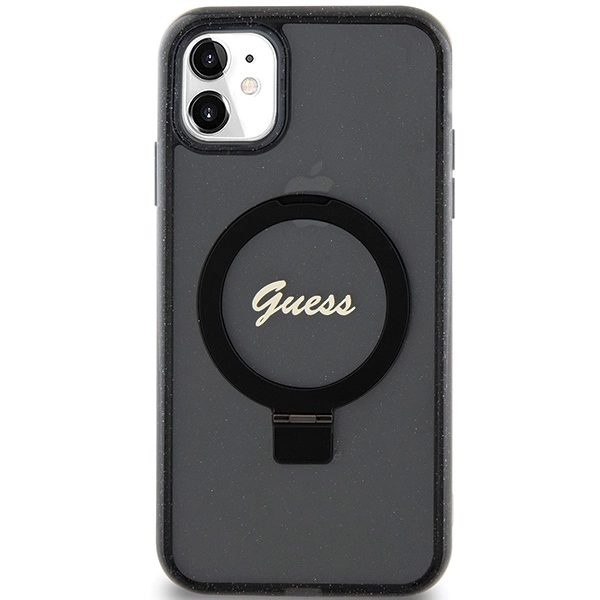 Etui Guess Ring Stand Script Glitter MagSafe na iPhone 11 / Xr - czarne