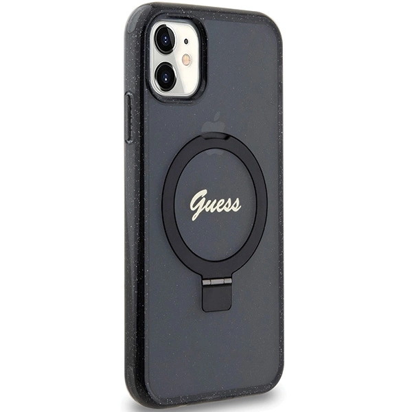 Etui Guess Ring Stand Script Glitter MagSafe na iPhone 11 / Xr - czarne