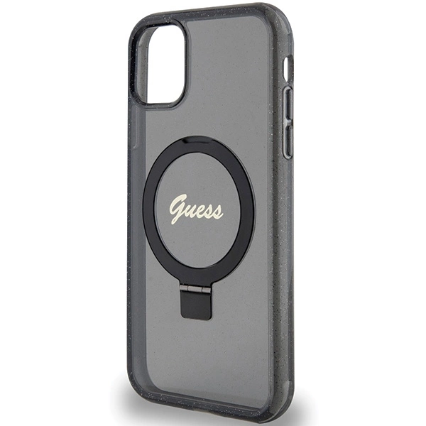 Etui Guess Ring Stand Script Glitter MagSafe na iPhone 11 / Xr - czarne