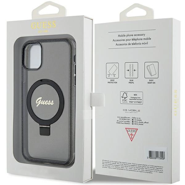 Etui Guess Ring Stand Script Glitter MagSafe na iPhone 11 / Xr - czarne