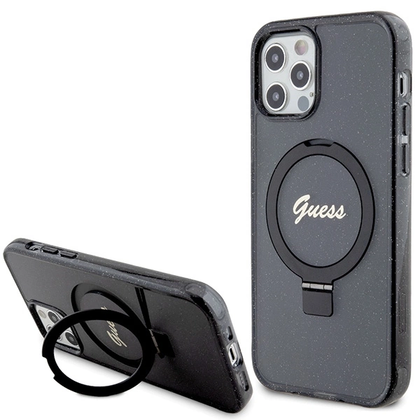 Etui Guess Ring Stand Script Glitter MagSafe na iPhone 12/12 Pro - czarne