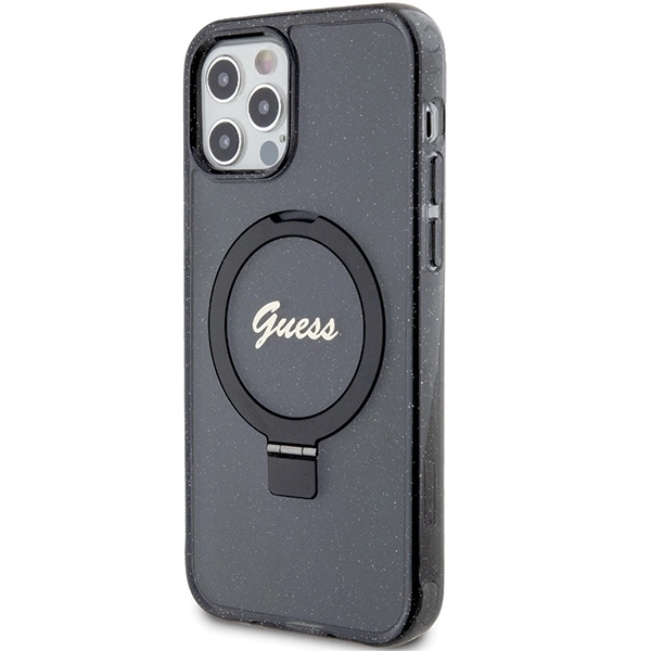 Etui Guess Ring Stand Script Glitter MagSafe na iPhone 12/12 Pro - czarne