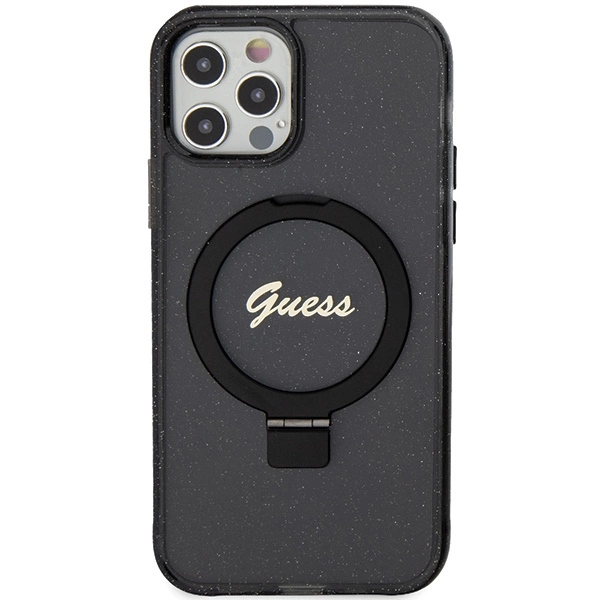 Etui Guess Ring Stand Script Glitter MagSafe na iPhone 12/12 Pro - czarne