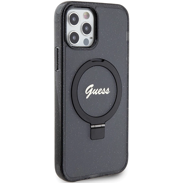 Etui Guess Ring Stand Script Glitter MagSafe na iPhone 12/12 Pro - czarne