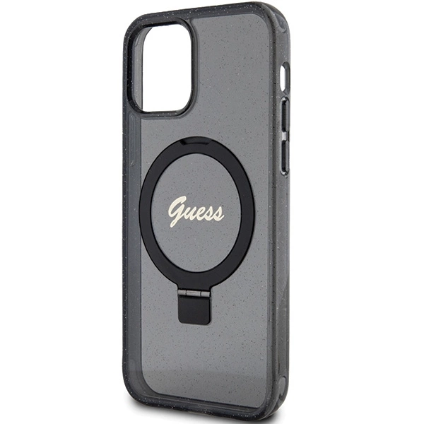 Etui Guess Ring Stand Script Glitter MagSafe na iPhone 12/12 Pro - czarne