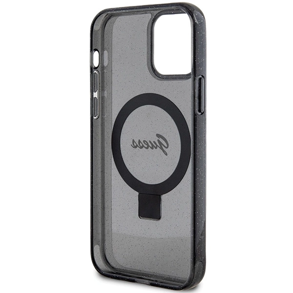 Etui Guess Ring Stand Script Glitter MagSafe na iPhone 12/12 Pro - czarne