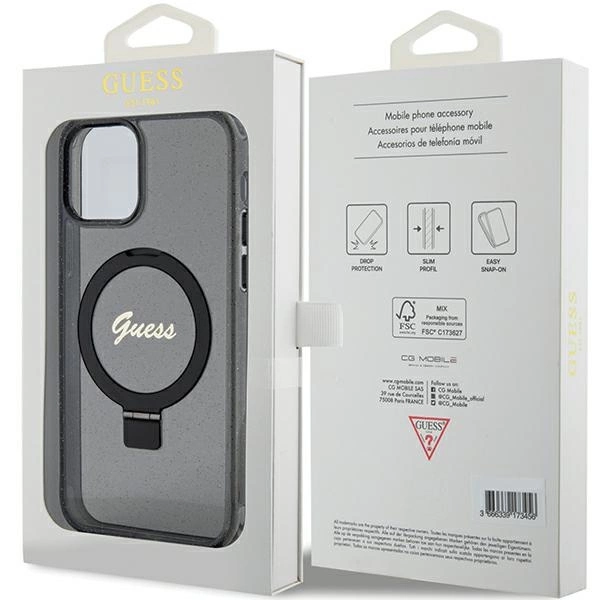 Etui Guess Ring Stand Script Glitter MagSafe na iPhone 12/12 Pro - czarne