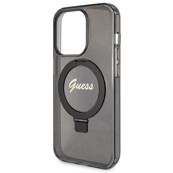 Etui Guess Ring Stand Script Glitter MagSafe na iPhone 13 Pro / 13 - czarne