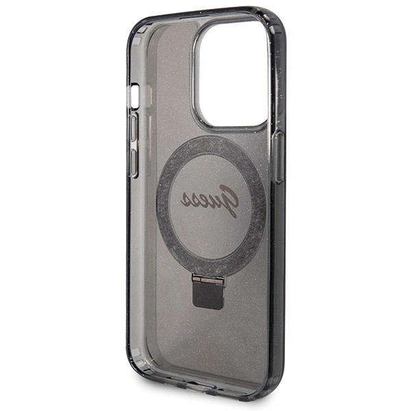Etui Guess Ring Stand Script Glitter MagSafe na iPhone 13 Pro / 13 - czarne