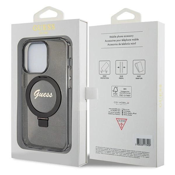 Etui Guess Ring Stand Script Glitter MagSafe na iPhone 13 Pro Max - czarne