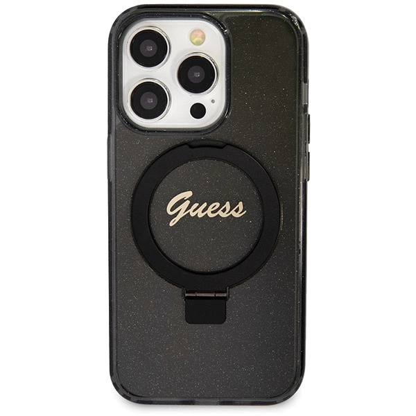 Etui Guess Ring Stand Script Glitter MagSafe na iPhone 14 Pro - czarne