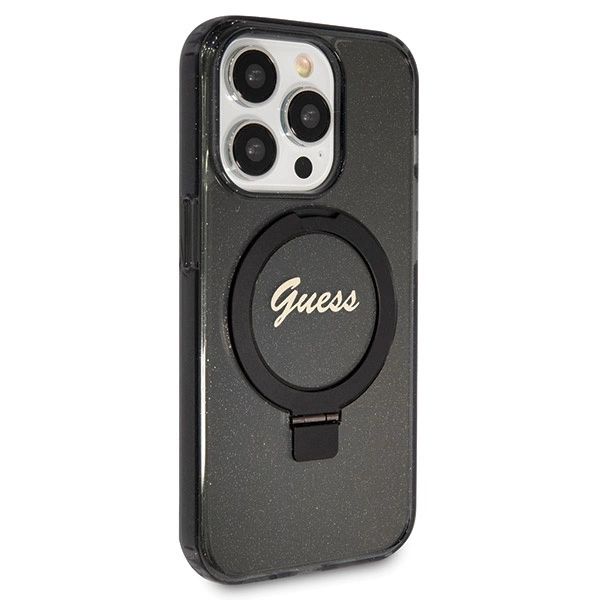 Etui Guess Ring Stand Script Glitter MagSafe na iPhone 14 Pro - czarne
