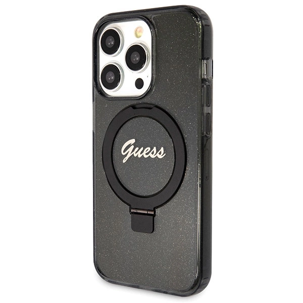 Etui Guess Ring Stand Script Glitter MagSafe na iPhone 14 Pro Max - czarne