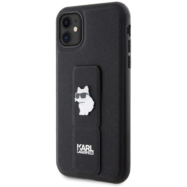 Etui Karl Lagerfeld Gripstand Saffiano Choupette Pins na iPhone 11 / Xr - czarne