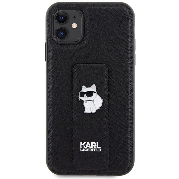 Etui Karl Lagerfeld Gripstand Saffiano Choupette Pins na iPhone 11 / Xr - czarne