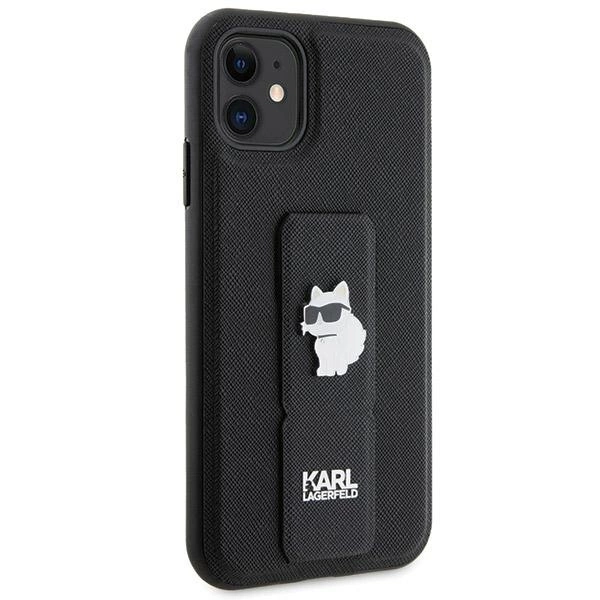 Etui Karl Lagerfeld Gripstand Saffiano Choupette Pins na iPhone 11 / Xr - czarne