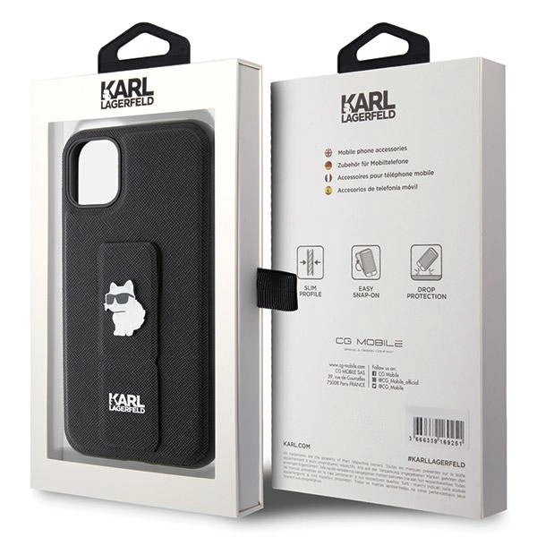 Etui Karl Lagerfeld Gripstand Saffiano Choupette Pins na iPhone 11 / Xr - czarne