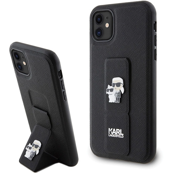 Etui Karl Lagerfeld Gripstand Saffiano Karl&Choupette Pins na iPhone 11 / Xr - czarne