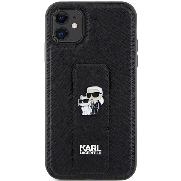 Etui Karl Lagerfeld Gripstand Saffiano Karl&Choupette Pins na iPhone 11 / Xr - czarne