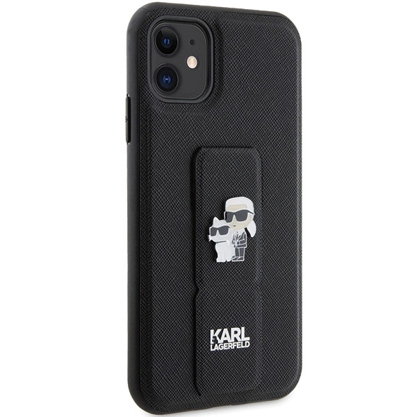 Etui Karl Lagerfeld Gripstand Saffiano Karl&Choupette Pins na iPhone 11 / Xr - czarne