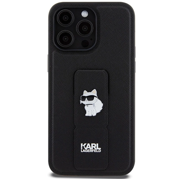 Etui Karl Lagerfeld Gripstand Saffiano Choupette Pins na iPhone 13 Pro / 13 - czarne