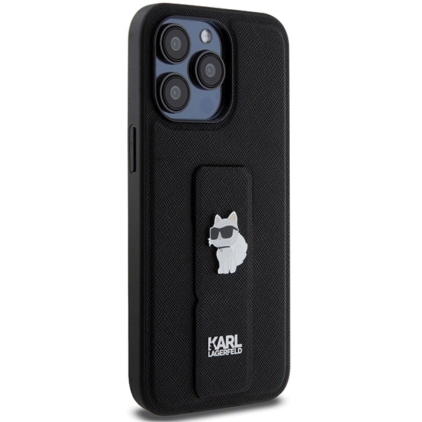 Etui Karl Lagerfeld Gripstand Saffiano Choupette Pins na iPhone 13 Pro / 13 - czarne