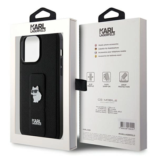 Etui Karl Lagerfeld Gripstand Saffiano Choupette Pins na iPhone 13 Pro / 13 - czarne
