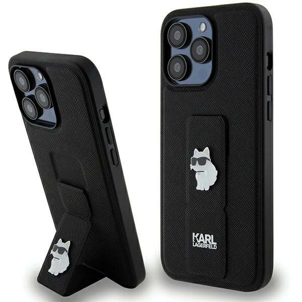 Etui Karl Lagerfeld Gripstand Saffiano Choupette Pins na iPhone 13 Pro Max - czarne