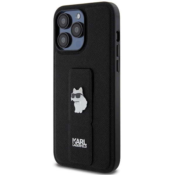 Etui Karl Lagerfeld Gripstand Saffiano Choupette Pins na iPhone 13 Pro Max - czarne
