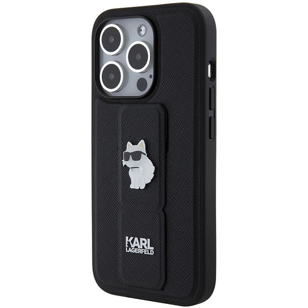 Etui Karl Lagerfeld Gripstand Saffiano Choupette Pins na iPhone 14 Pro - czarne