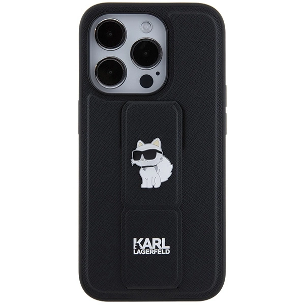 Etui Karl Lagerfeld Gripstand Saffiano Choupette Pins na iPhone 14 Pro - czarne