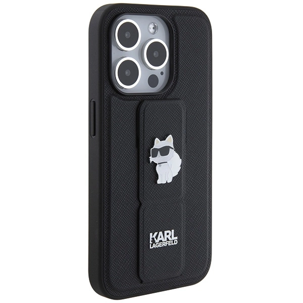 Etui Karl Lagerfeld Gripstand Saffiano Choupette Pins na iPhone 14 Pro - czarne