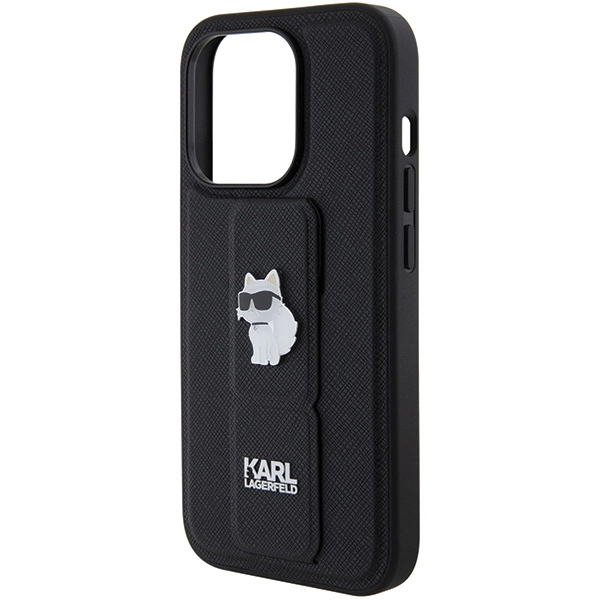 Etui Karl Lagerfeld Gripstand Saffiano Choupette Pins na iPhone 14 Pro - czarne