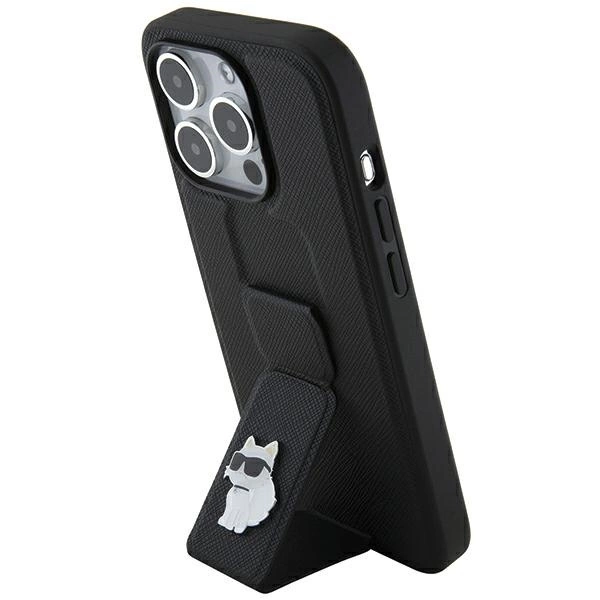 Etui Karl Lagerfeld Gripstand Saffiano Choupette Pins na iPhone 14 Pro - czarne