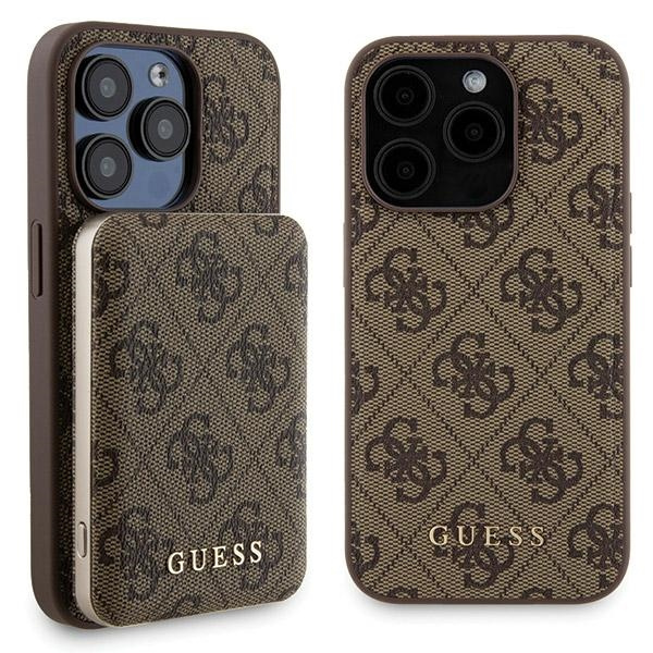Zestaw Guess GUBPM5P15X4GEMGW iPhone15 Pro Max 6.7" hardcase + Powerbank 5000mAh MagSafe brązowy/brown 4G Metal Logo