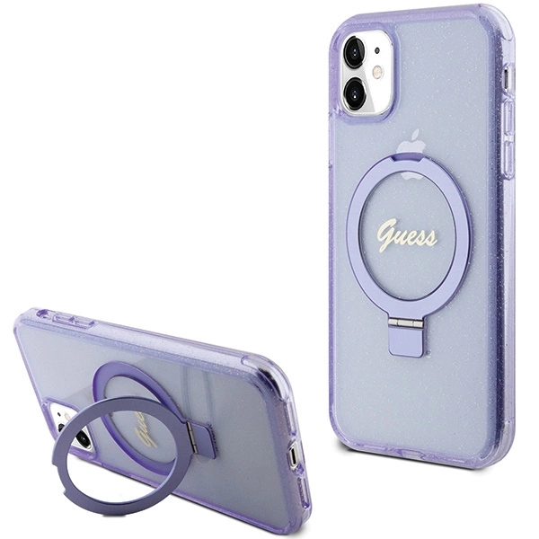 Etui Guess Ring Stand Script Glitter MagSafe na iPhone 11 / Xr - fioletowe