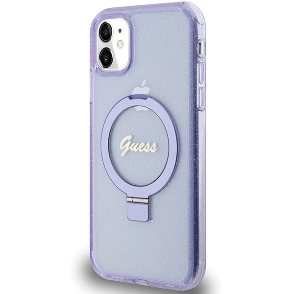 Etui Guess Ring Stand Script Glitter MagSafe na iPhone 11 / Xr - fioletowe